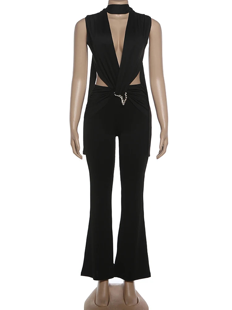 Deep V-Neck Metal Buckle Ruched Cross Bandage Jumpsuits