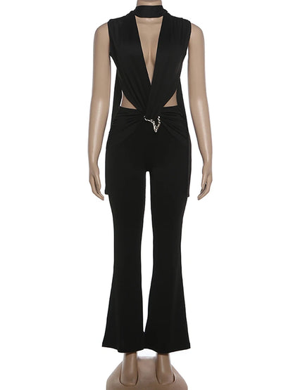 Deep V-Neck Metal Buckle Ruched Cross Bandage Jumpsuits