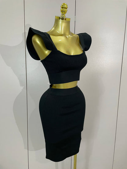 Celebrity Ruffles Red Bandage Skirt Sets