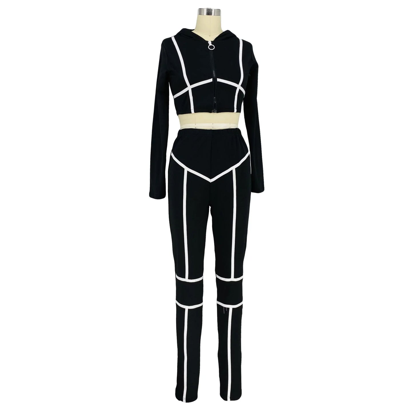 Striped Bandage Full Sleeve O-neck + Pant Sport Sets