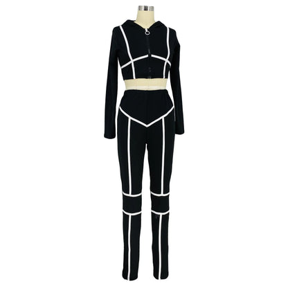 Striped Bandage Full Sleeve O-neck + Pant Sport Sets