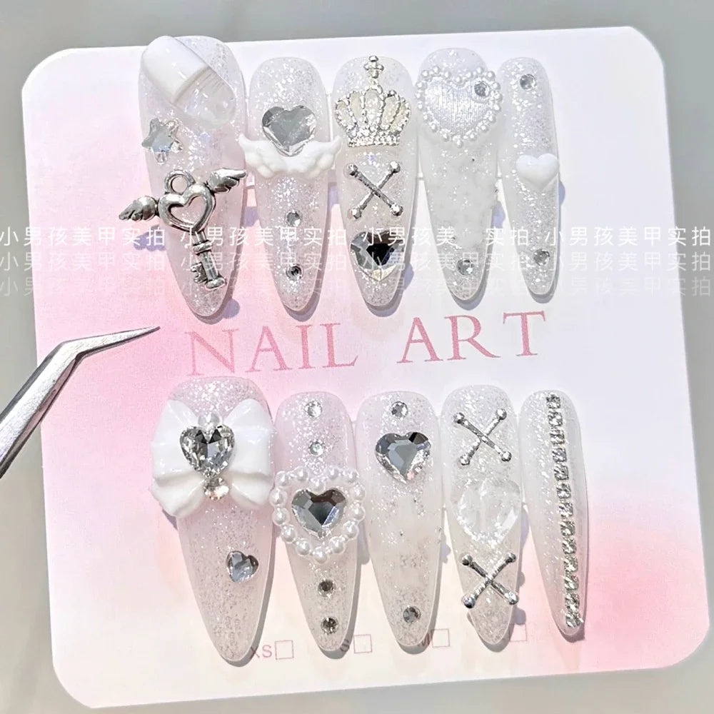 10Pcs Luxury Court Handmade Long Stiletto Full Cover Nails 3D Spice Girl Sparkling Diamond Bow Pearl Flowers Wearable Fake Nails