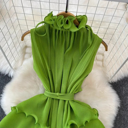 Stand Collar Lace Up Ruffles Boho Dresses