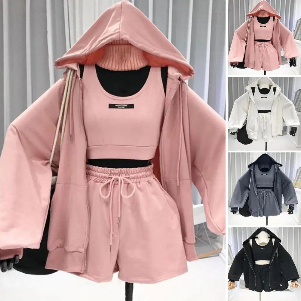 3Pcs/Set Women's Activewear Set Coordinated Vest Hoodie Sweatshirt Shorts Suit (Sportswear)