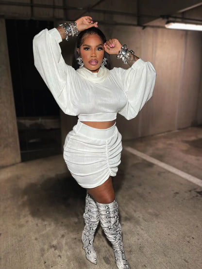 Lantern Sleeve Hooded Pullover Top + Ruched Bodycon Mini Skirt Set