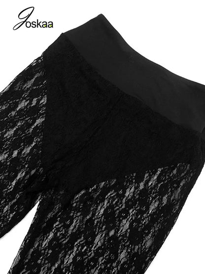 Joskaa Women's Jacquard  Lace Leggings Patchwork Sexy See Through High Waist Pencil Pants Female Bottoms Midnight Party Clubwear