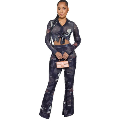 Tie Dye Long Sleeve Lace-up Shirts + Flared Pants Sets