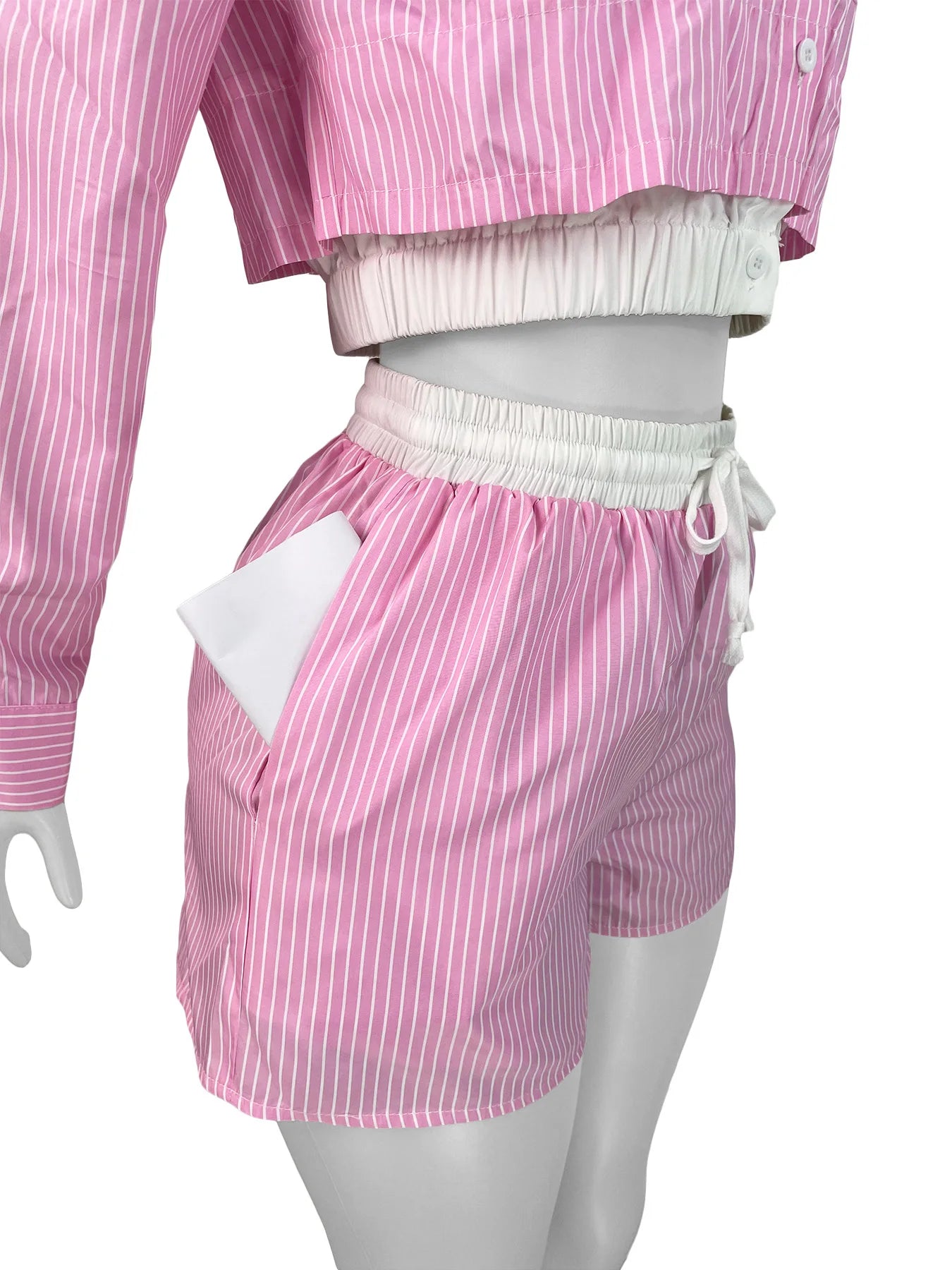 Stripe Single-Breasted Blouse+Drawstring Short Sets