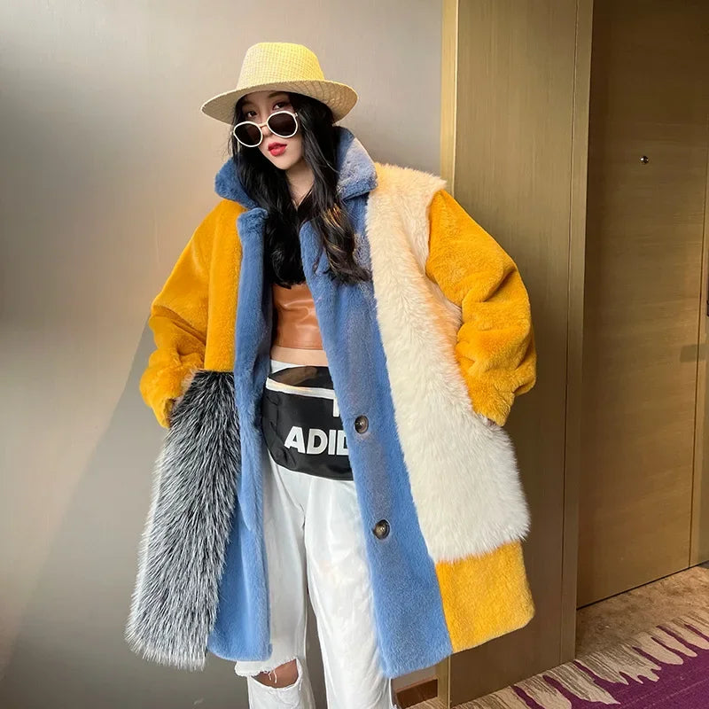 Winter Faux Fur Jackets for Women Furry Warm Splicing Contrast Color Blue Faux Fur Coat Long Jacket Cardigan Women