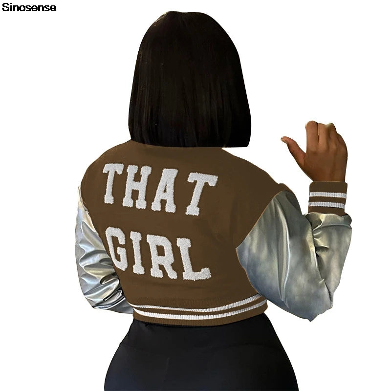 Jaide Letter Embroidery Crop Baseball Jacket Casual Varsity Faux Leather