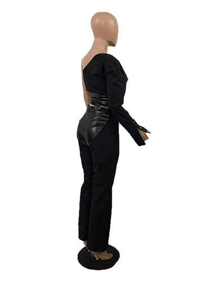 Single Long Sleeve Bodycon PU Patchwork Top + Pant Sets