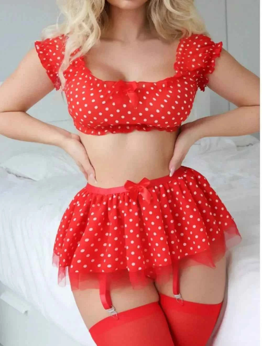 Erotic Short Skirt with Garter Straps Polka Dot + Off Shoulder Puffy Polka Bra Set