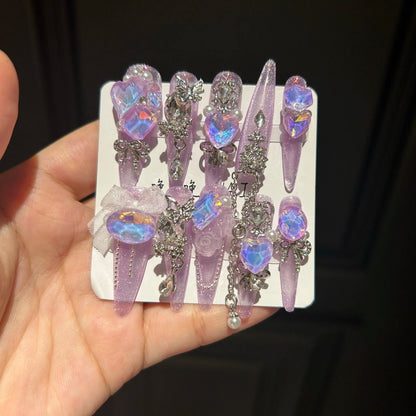 Glitter Press On Nails with Iridescent Heart Rhinestones, Long Stiletto Y2K Fake Nails with Silver Chains
