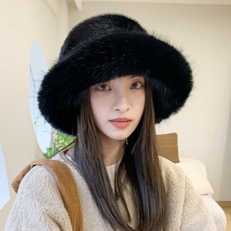 Faux Fur Fluffy Bucket Hat for Women Luxury Plush Hat Thicken Snow Oversized Fur Bucket Hats