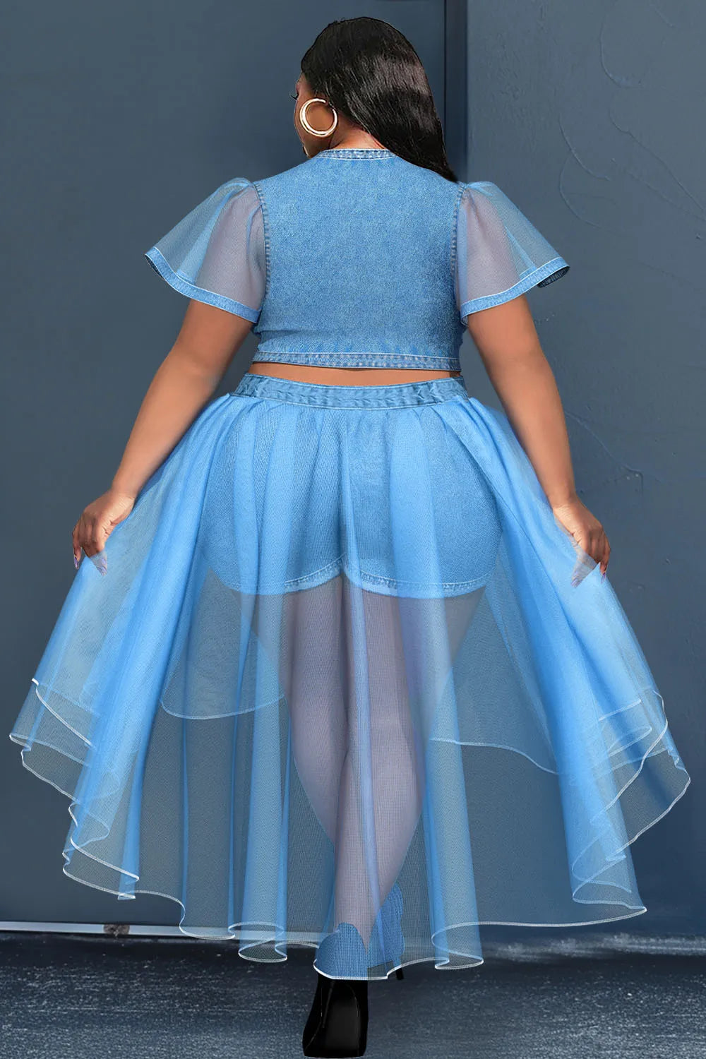 Daisy Light Blue V Neck Short Sleeve See Through Denim Two Piece Short Set With Tulle Skirt