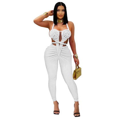 Halter Neck Ribbed Ruched Backless Leggings Jumpsuits (One Piece)