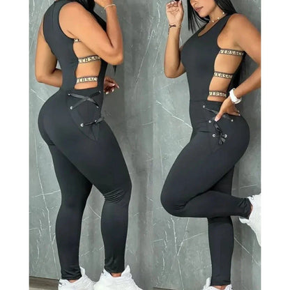 Letter Pattern Sleeveless Ladder Cut Out Jumpsuits