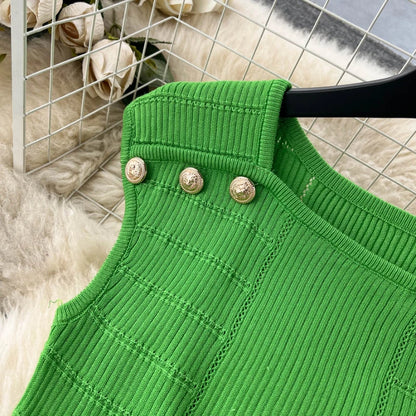 Knitted 2 Pcs. Buttons Crop Top Tanks + Slit Midi Skirt Set