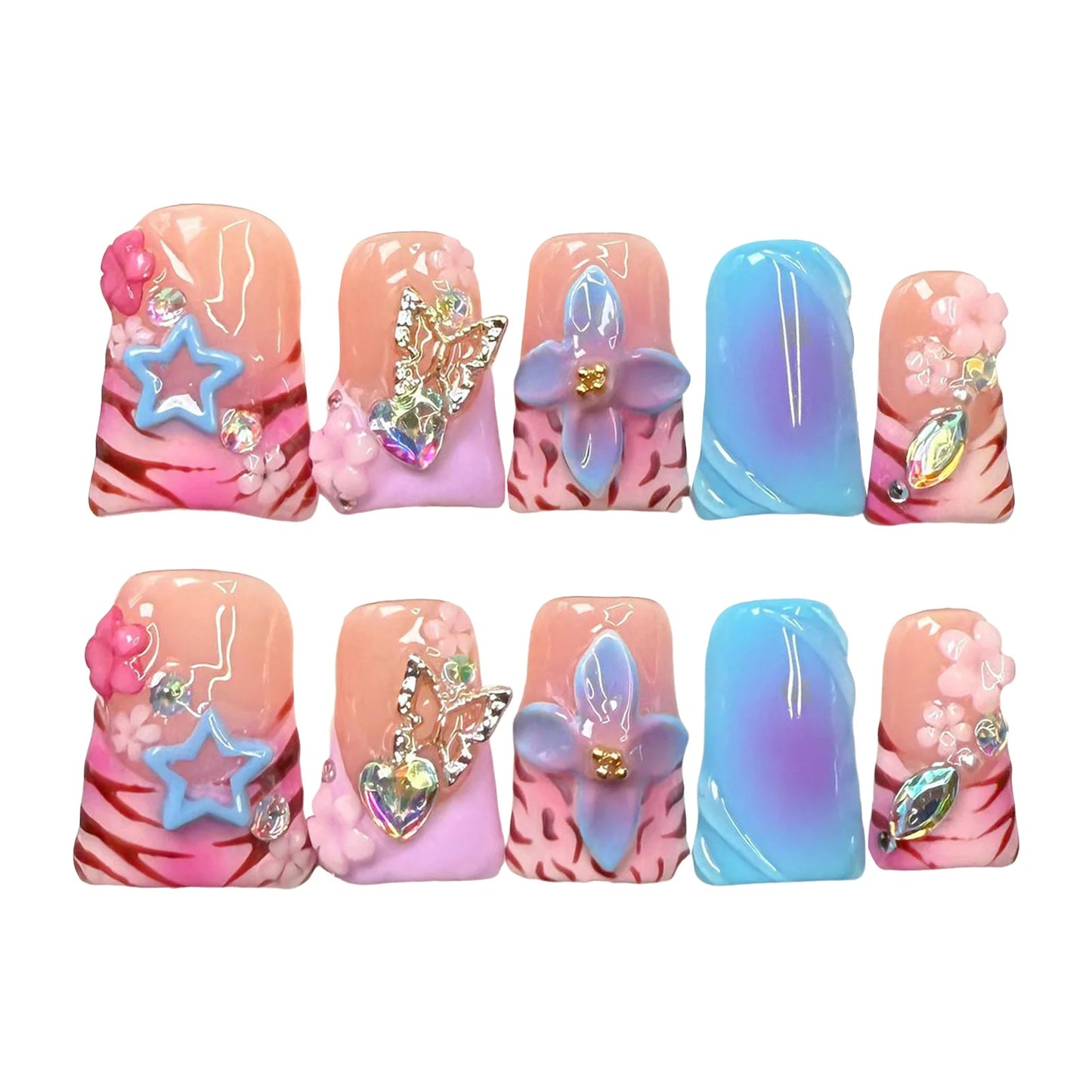 10pcs Handmade Fake Nails Duckbill Shaped Press On Nails Colorful Leopard-print French False Nails With 3D Carved Flower Designs