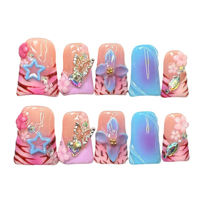 10pcs Handmade Fake Nails Duckbill Shaped Press On Nails Colorful Leopard-print French False Nails With 3D Carved Flower Designs