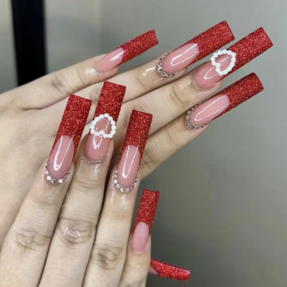 24Pcs Long Square Press on Nails Leopard Print French 3D Cherry Design False Nail Rhinestone Wearable Full Cover Fake Nails Tips