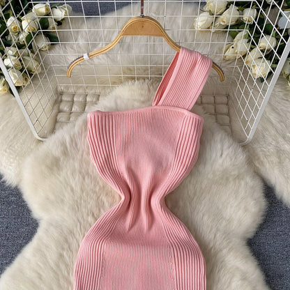 Single Shoulder Ink Knit Dress Backless Tank Striped Slim Bodycon Sundress Women Summer Beachwear Sexy Chic Vestidos
