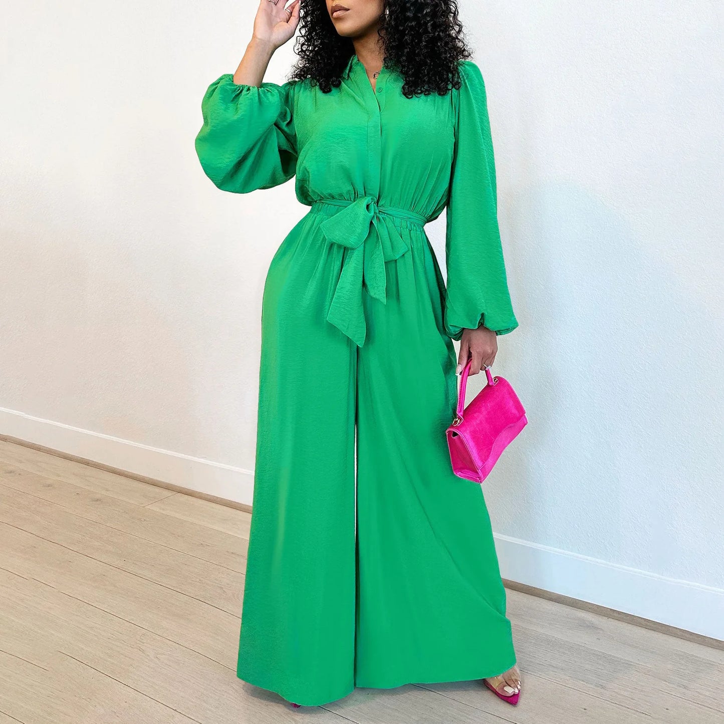 Rita's Elegant Long Sleeve V-neck Jumpsuit (Green Red Blue)