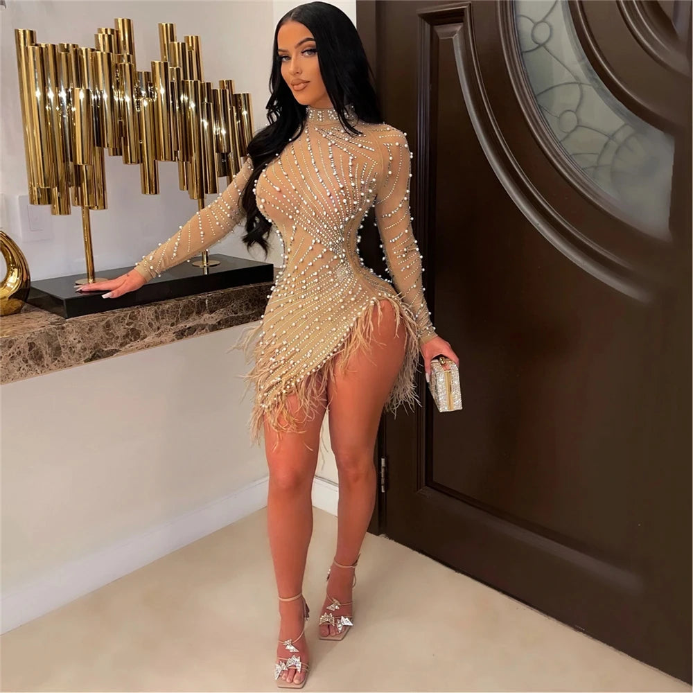 iDress Sexy Pearls Rhinestone Party Dresses Women Elegant Nightclub Feather Birthday Dress Long Sleeve Mesh Sheer Bodycon Dress