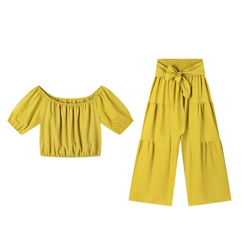 Puff Sleeve O Neck Tops + High Waist Wide Leg Pants (2 Pcs.)