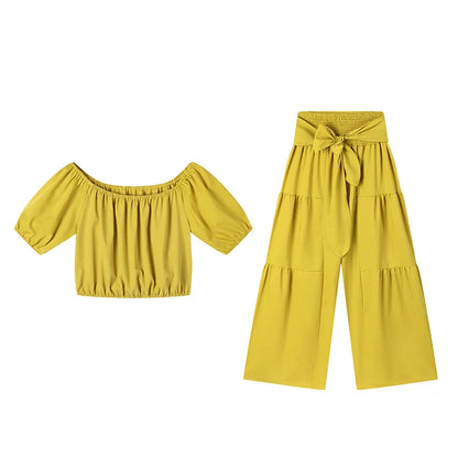 Puff Sleeve O Neck Tops + High Waist Wide Leg Pants (2 Pcs.)