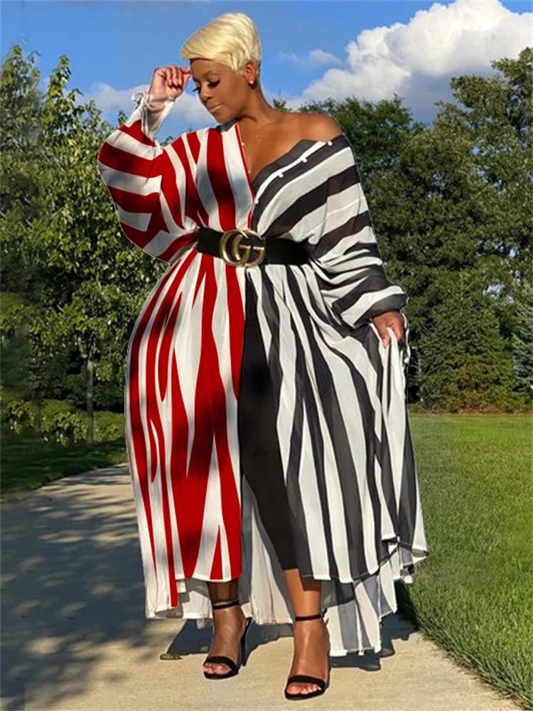 Kemi Striped Loose Button Long Sleeve Maxi Shirts Dress