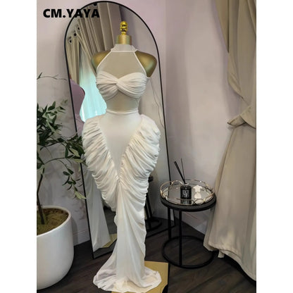 CM.YAYA Women Sleeveless Patchwork Ruched Stacked Lace Up Smock Maxi Long Dress Vacation Trendy Party Birthday Dresses Vestidos