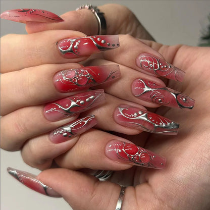 24Pcs Blue Long False Nails Butterfly Ballet French Cartoon  Wearable Fake Nails Full Cover Design Press on Nails Tips Art