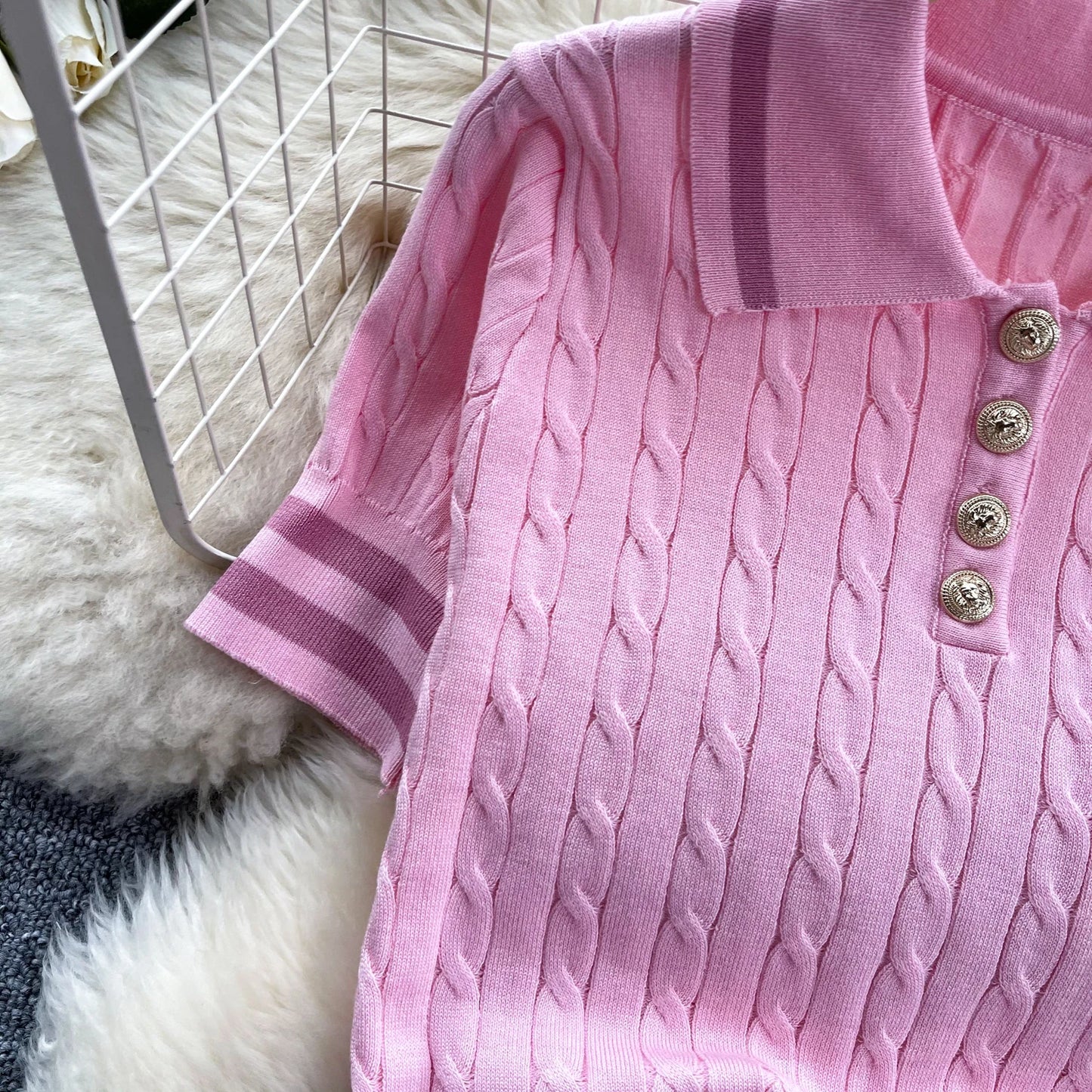 Newest Knitting Two Pieces Sets Button Vintage Basic Tops + High Waist Pleated Skirt Women Fashion 2pcs Suits