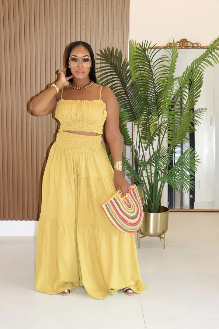 Solid Color Spaghetti Strap Tube Top + Wide Leg Pants