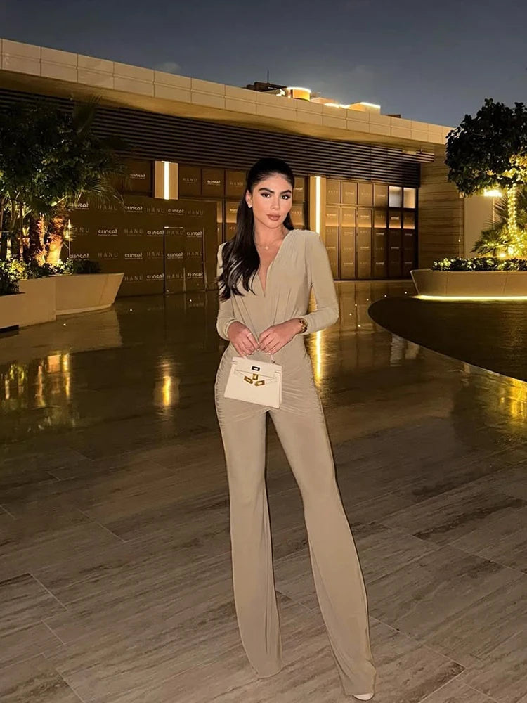 Deep v-Neck Full Sleeve Elegant Skinny Jumpsuit