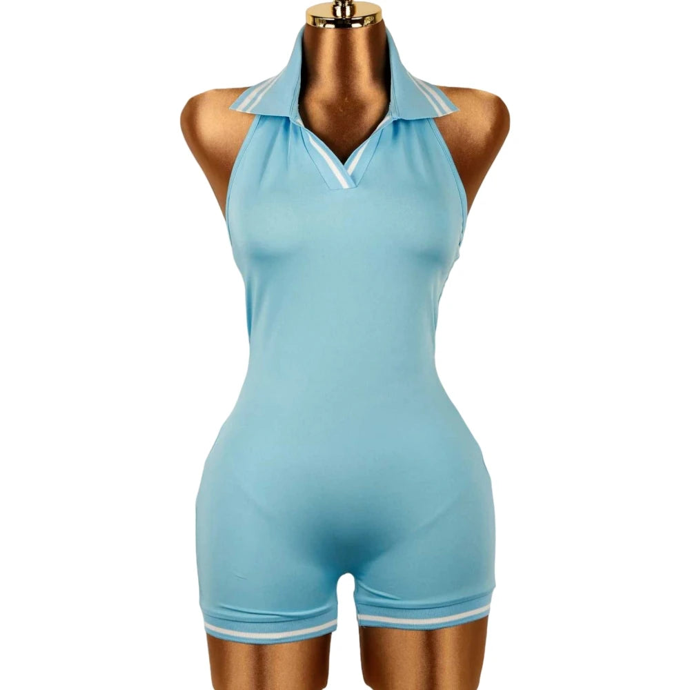 Stripe Halter Lapel Sleeveless Backless Bodycon Jumpsuits