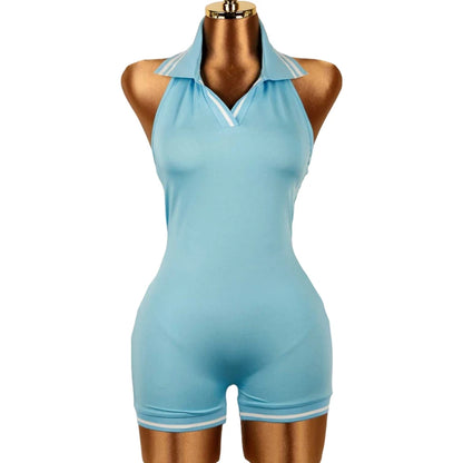 Stripe Halter Lapel Sleeveless Backless Bodycon Jumpsuits