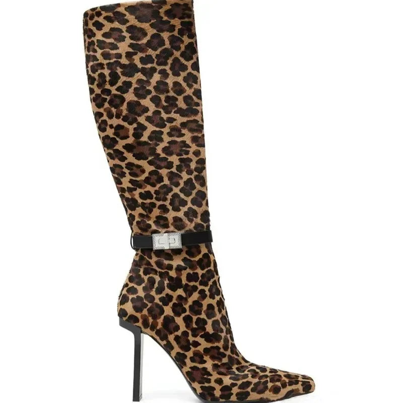 Sanaa Thick Heel Metal Belt Buckle, Side Zipper, Knee Length Leopard Print Boots