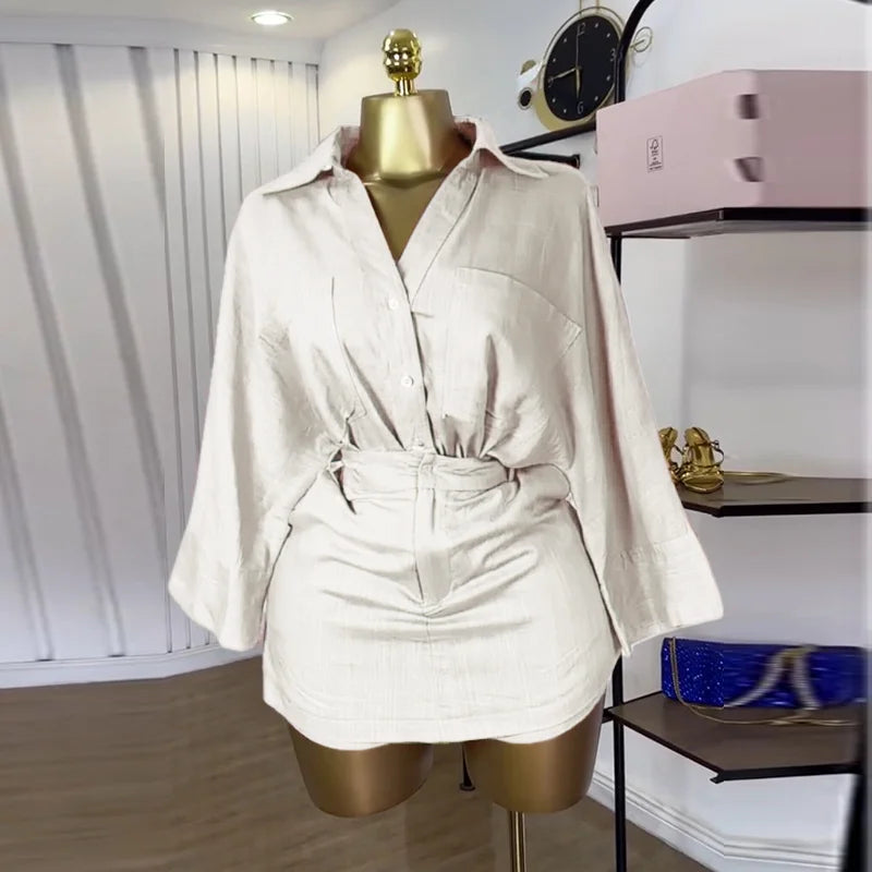 Full Sleeve Turn-down Collar T-shirt + Skirts Shorts Sets