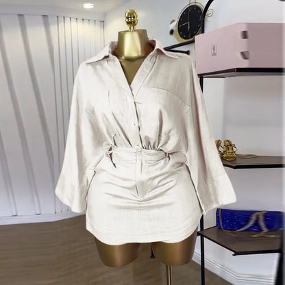 Full Sleeve Turn-down Collar T-shirt + Skirts Shorts Sets