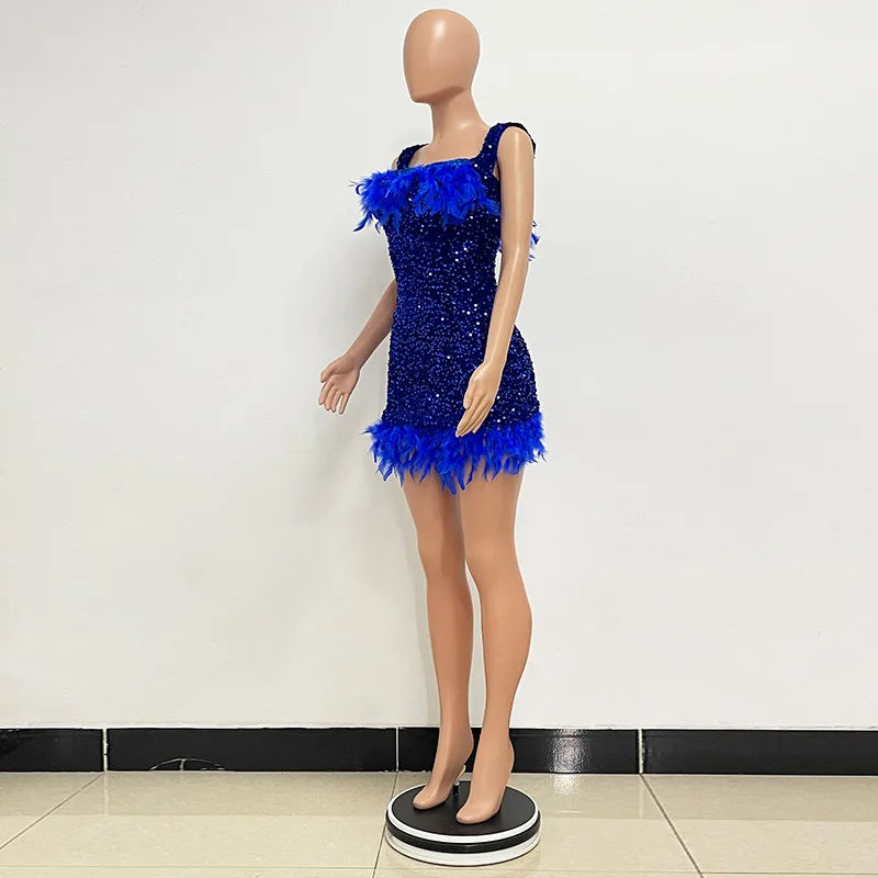 Short Sequins Halter Feathers Spicy Dresses