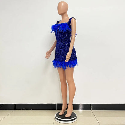 Short Sequins Halter Feathers Spicy Dresses
