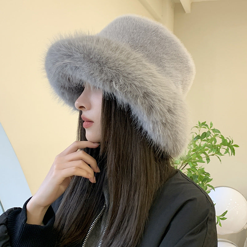 Faux Fur Fluffy Bucket Hat for Women Luxury Plush Hat Thicken Snow Oversized Fur Bucket Hats