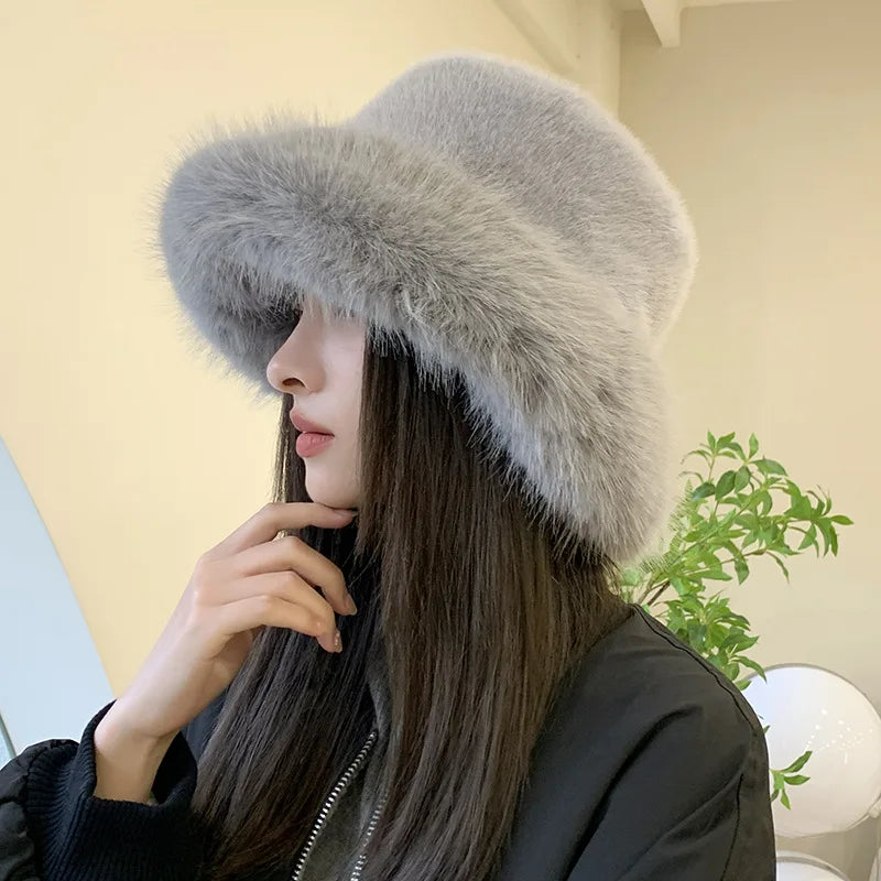 Faux Fur Fluffy Bucket Hat for Women Luxury Plush Hat Thicken Snow Oversized Fur Bucket Hats