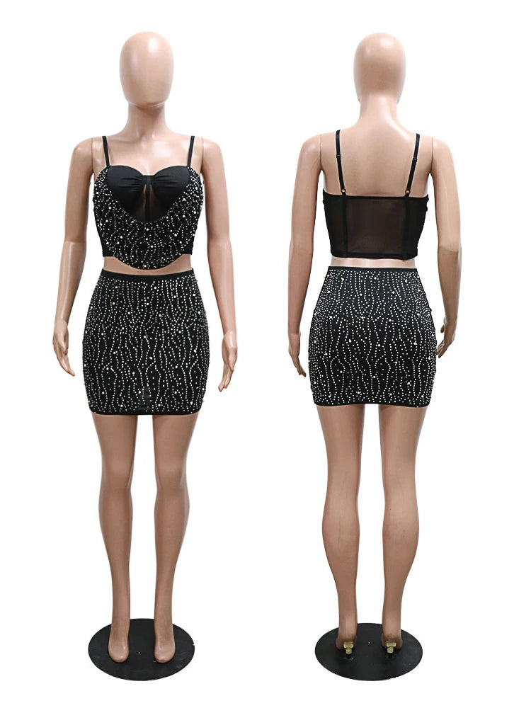 Sanaa Rhinestone Mini Dress Bodycon Night 2 Pieces Sets Outfits (Clubwear)