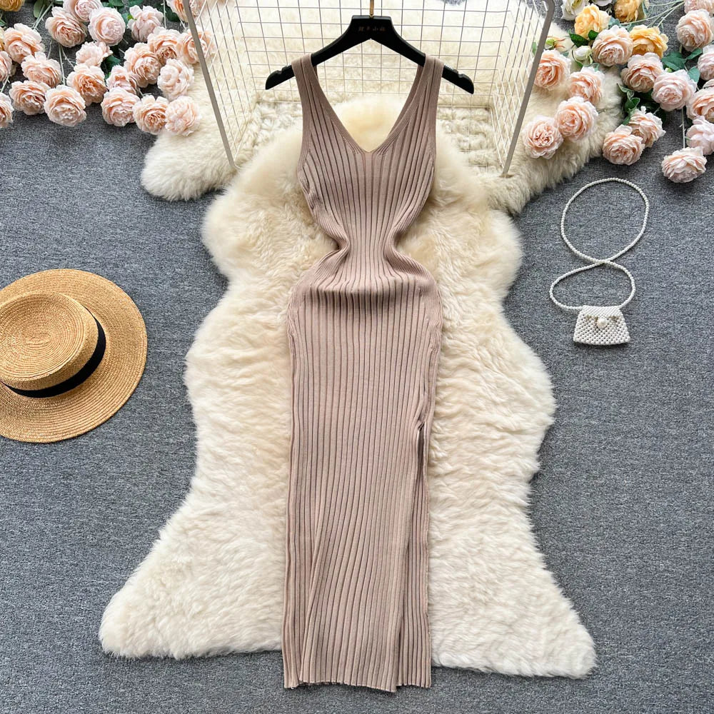 Chic Fashion Sexy Wrap Hips Split Knitted Slim Elastic Bodycon Maxi Dresses