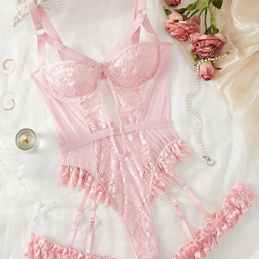 2pcs Red Floral Lace Garter Lingerie Set With Choker Underwire Bra And Thongs Ladies Underwear Set