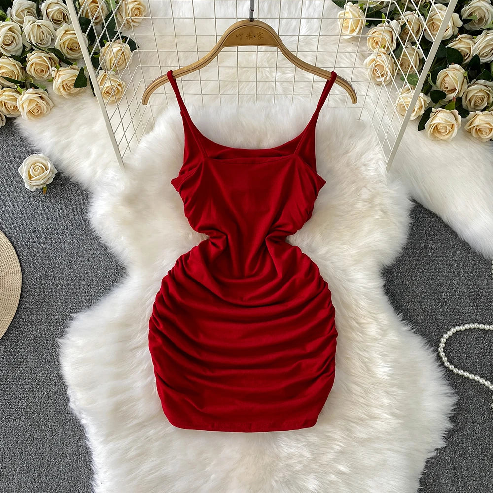 Spaghetti Strap Pleated Temperament Mini Dresses