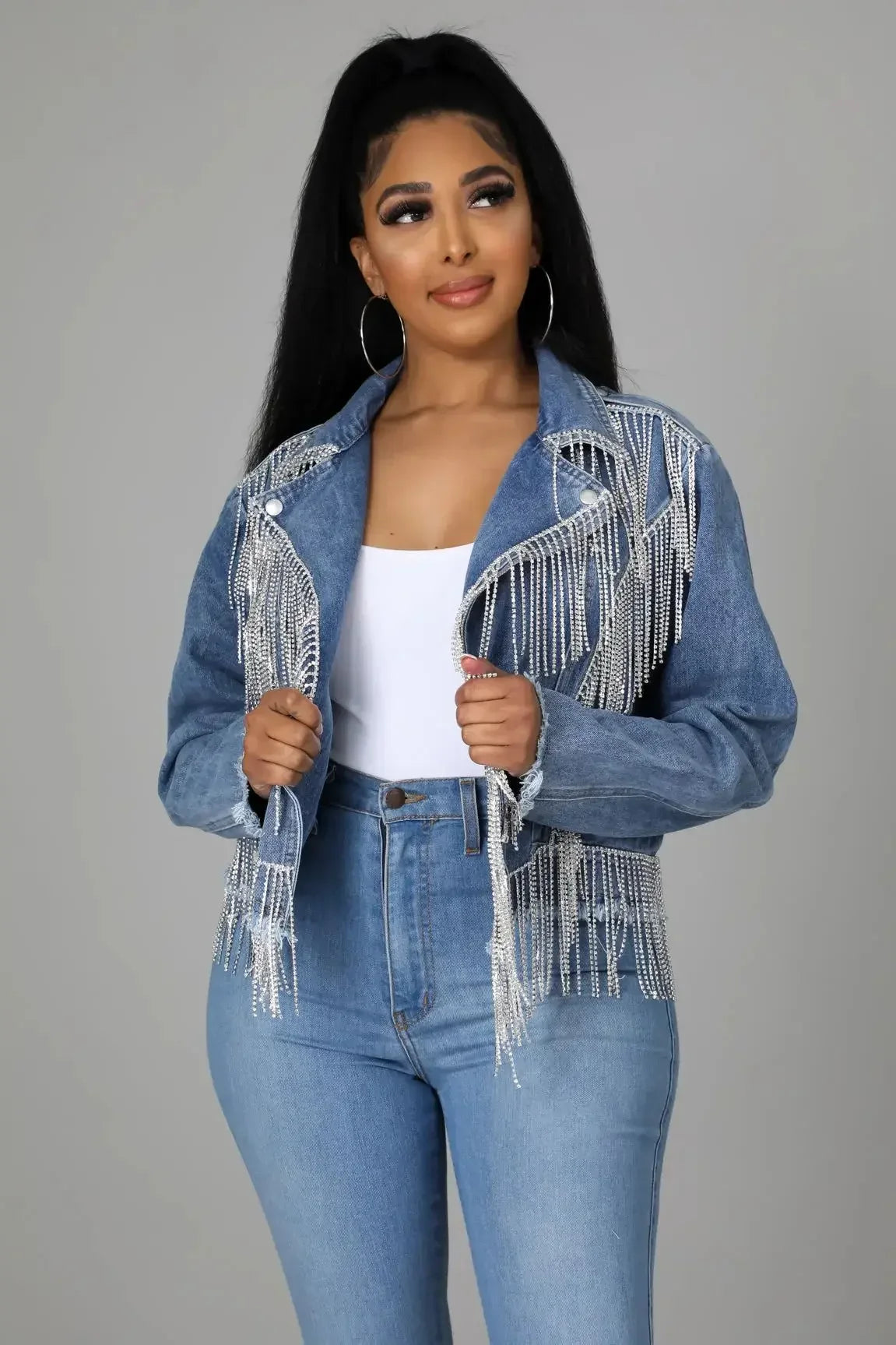 Fatima Crystal Tassel Splicing Long Sleeve Denim Jacket